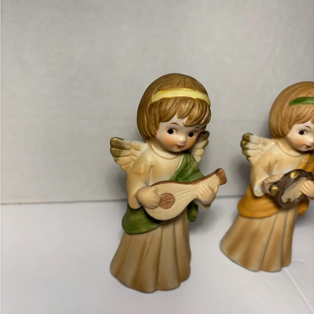 Lefton Holiday Angel Figurines With Musical Instruments Hand Painted #2473